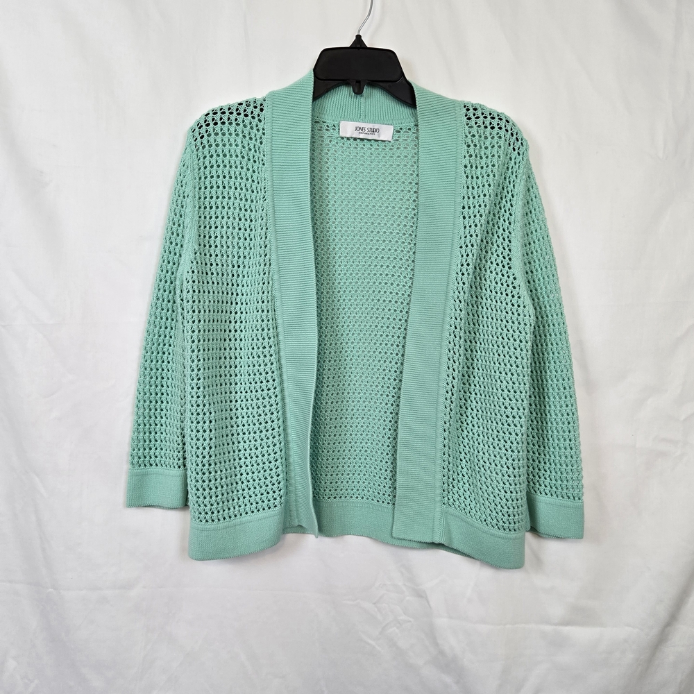 Jones Studio Women Mint Green Crochet 3/4 Sleeve Open Front Knit Cardigan Medium